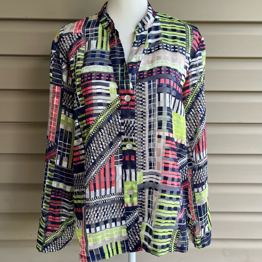 •Ruby Rd• Button-Down Sheer Geometric Blouse - Size 14